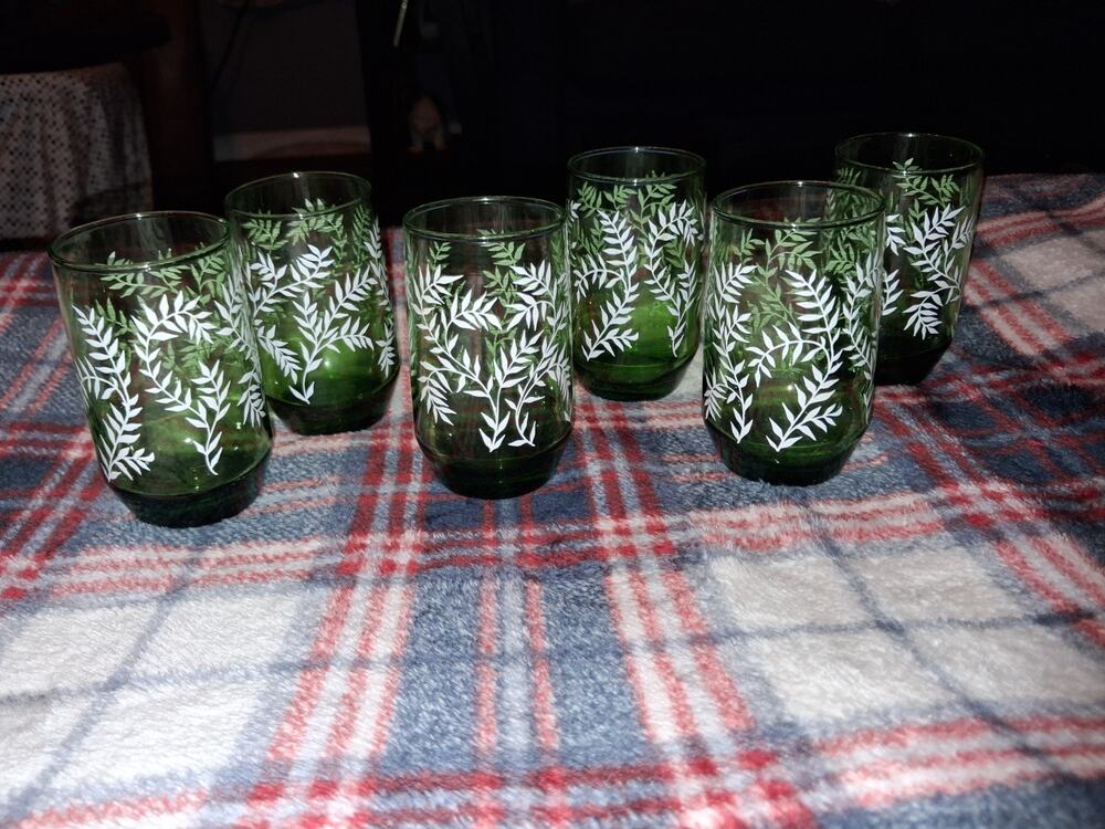 Vintage Anchor Hocking Newport Green W/ White Fern Leaves Set Of 6 Juice Glasses